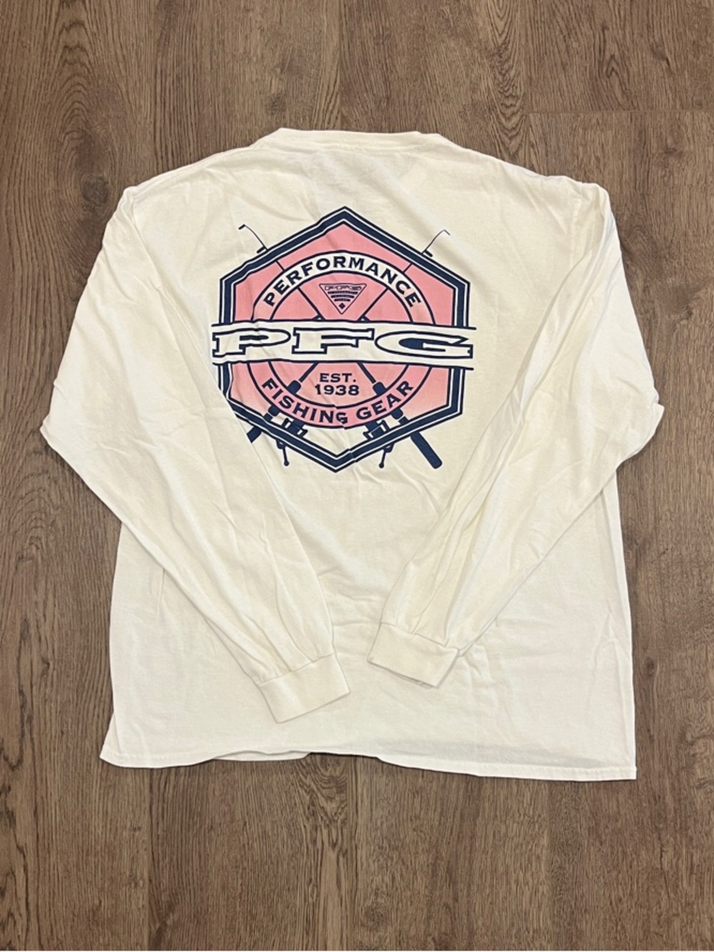 Columbia White Long Sleeve Tee with Pink and Navy Back Logo